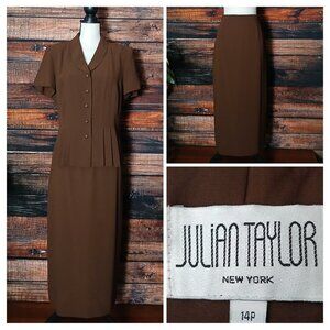 Julian Taylor Vintage Skirt Set Size 14 Petite Brown 2 Piece Midi Chiffon